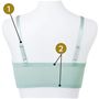 (1)調節できるストラップでバストにフィット。(2)アンダー・背中上辺はゴムのない接着仕様でくい込みにくく肌あたりも優しい。