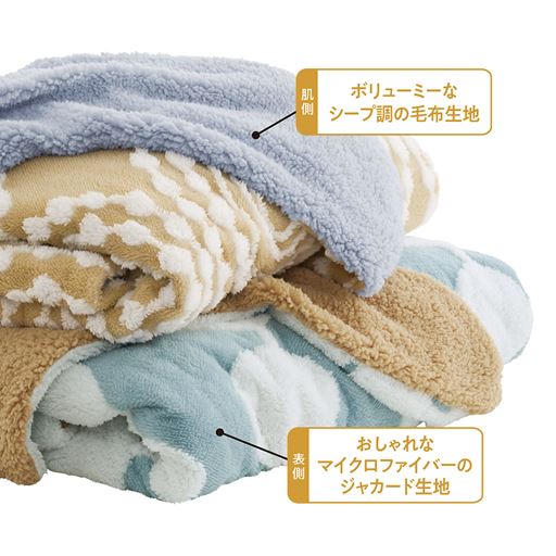 肌側はシープ調の毛布生地、表側にはマイクロファイバーのジャカード生地を使用。