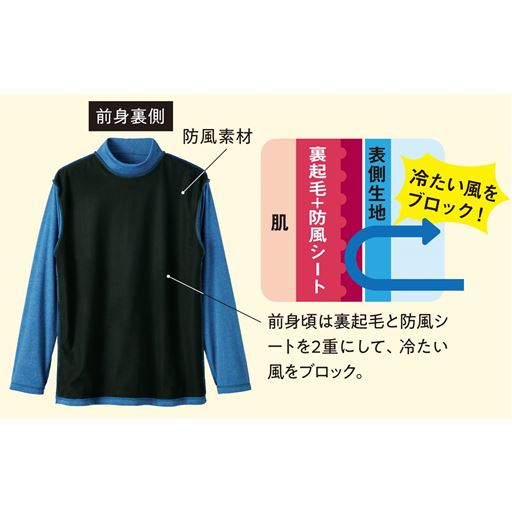 前身裏側 防風素材 前身頃は裏起毛と防風シートを2重にして、冷たい風をブロック。
