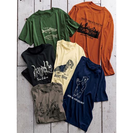 (上から時計まわりに)モスグリーン、ディープオレンジ、オフホワイト、ネイビー、グレー、ブラック<br>※JK-989半袖Tシャツと共通カラー