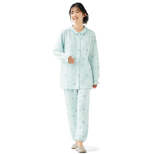 ペールミント (1)たくし上げやすい袖口フリルゴム仕様。(2)足口ゴムで冷気を通しにくい。