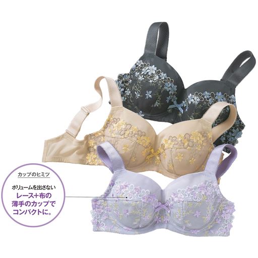 (上から)シャドーグレー、パウダーベージュ、グラスラベンダー <br>(1)バスト上辺がピタッとなじんでボリュームをおさえる(2)前中心が高く、谷間が気にならない(3)約26mmの幅広ストラップで肩にやさしくしっかり支える。(4)ボリュームを出さない薄手のカップでコンパクトに。