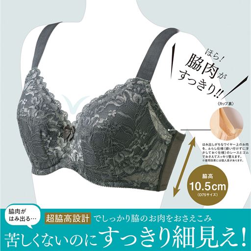 コスミックグレー ほら!脇肉がすっきり!! (1)はみ出しがちなワイヤー上のお肉を、ふらし仕様(縫い付けずに浮かしておく仕様)のレースとゴムでおさえてスッキリ整えます。※着用効果には個人差があります。 脇高10.5cm(D75サイズ)