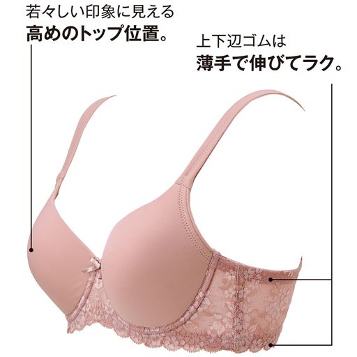 脇をきちんとホールドして、ラクにフィット! (1)若々しい印象に見える高めのトップ位置。(2)上下辺ゴムは薄手で伸びてラク。