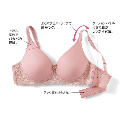 ペールモーヴ<br>(1)上辺も厚めでパカパカ軽減。(2)よく伸びるストラップで肩がラク。(3)クッションパネル付で脇がしっかり安定。(4)フック裏も身生地でくるんでサラサラ。