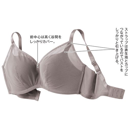 トープ (1)前中心は高く谷間をしっかりカバー。(2)ストラップは表生地とカップにつながっているのでバストをしっかりと引き上げる