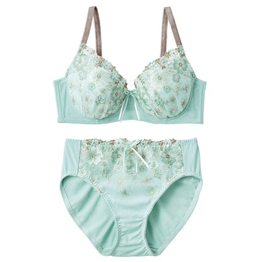 クリスタルブルー 上下セット<br>可憐な花柄の刺しゅうレースで清楚に