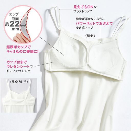 オフホワイト<br> 〈肌側〉 (1)見えてもOKなブラストラップ(2)胸元が浮かないようにパワーネットでおさえて安定感アップ(3)カップ台までウレタンシートで肌にフィットし安定(4)カップ断面約22mm 超厚手カップでキャミなのに美胸に!