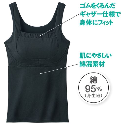 (1)胸元はゴムをくるんだギャザー仕様で身体にフィット<br>(2)身生地は肌にやさしい綿混素材で快適