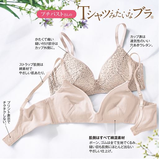 パウダーローズ (1)かたくて痛い縫い付け部分はカップ外側に。(2)カップ表は通気性のいい穴あきウレタン。(3)肌側はすべて綿混素材 ボーン、ゴムは全て生地でくるみ、縫い目も肌側にほとんど出ないやさしい仕上げ。(4)プリント表示でチクチクしない。(5)ストラップ肌側は綿素材でやさしい肌あたり。