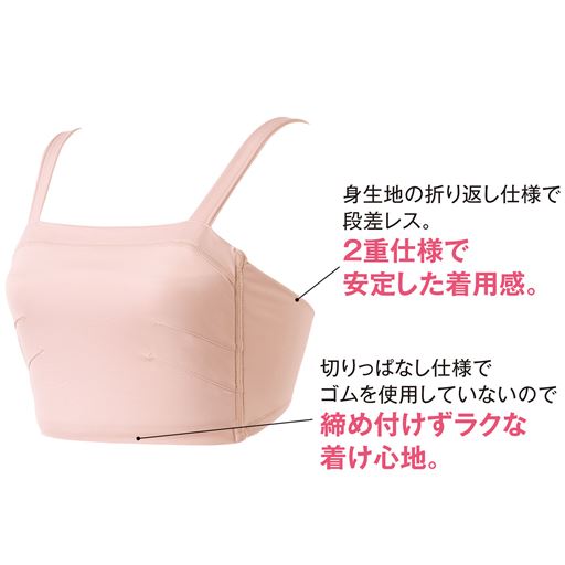 (1)身生地の折り返し仕様で段差レス。2重仕様で安定した着用感。(2)切りっぱなし仕様でゴムを使用していないので締め付けずラクな着け心地。