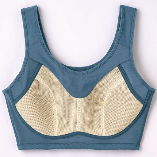 (1)バスト上辺と脇部分はパワーネットの裏当てでぴたっとフィット<br>(2)締め付けにくく肌あたりがソフトなアンダーゴム使用