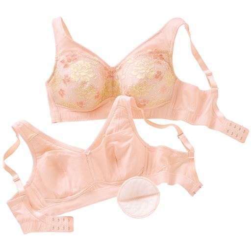 ソフトピーチ (1)カップ裏は綿100%(2)脇生地は綿混素材でやさしい着け心地(3)幅広で肩がラクなストラップ。アジャスターは背中側に配して、術部への刺激を軽減。