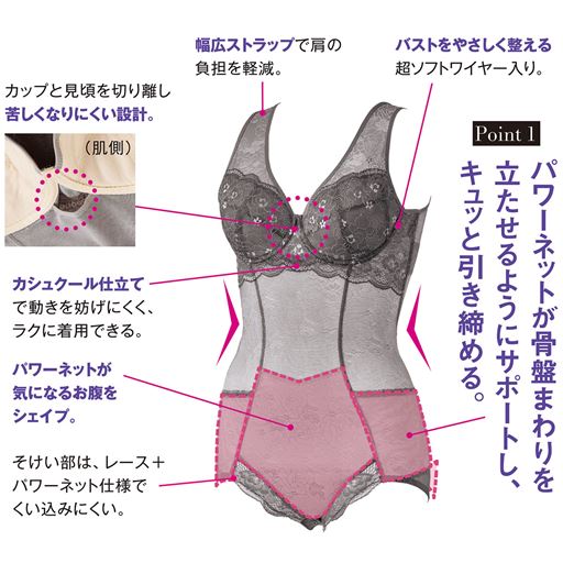 【Point 1】パワーネットが骨盤まわりを立たせるようにサポートし、キュッと引き締める。●幅広ストラップで肩の負担を軽減。●バストをやさしく整える超ソフトワイヤー入り。●カップと見頃を切り離し苦しくなりにくい設計。●カシュクール仕立てで動きを妨げにくく、ラクに着用できる。●パワーネットが気になるお腹をシェイプ。●そけい部は、レース+パワーネット仕様でくい込みにくい。