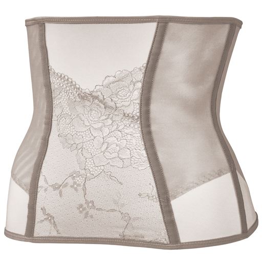 (1)アンダーから骨盤まわりまで覆うパターンですっぽりカバー。(2)パワーネットとレース2重仕立てでお腹をおさえる。(3)立体パターンでくびれをメイク。