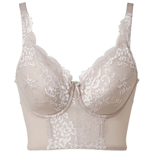 グレージュ (1)カップ先のレースパネルが面でバストを引き上げ。(2)超脇高設計だから脇接ぎ&ボーンなしでもラクに整える。 脇スッキリ