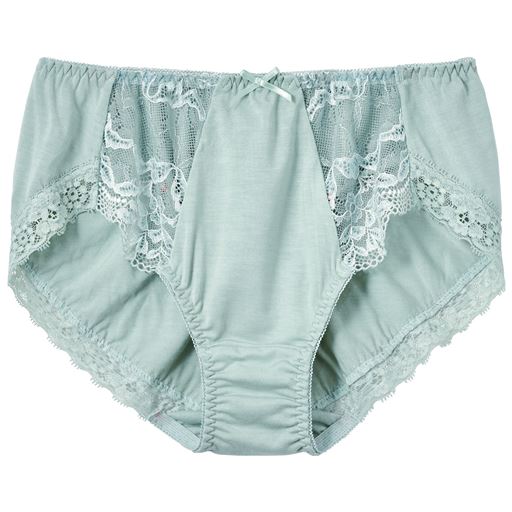 フロスティグリーン<br>(1)とろりとなめらかなレーヨン混素材(2)後ろ足レースでくい込みにくい