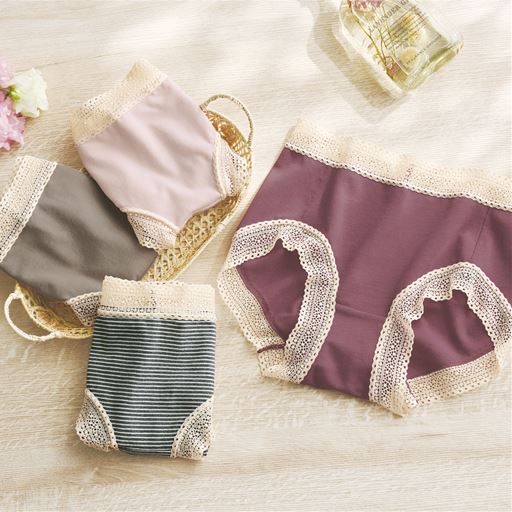 (左から時計回りに)ピンク、ワイン、ボーダーA(濃グレー杢×オフホワイト)、モカ