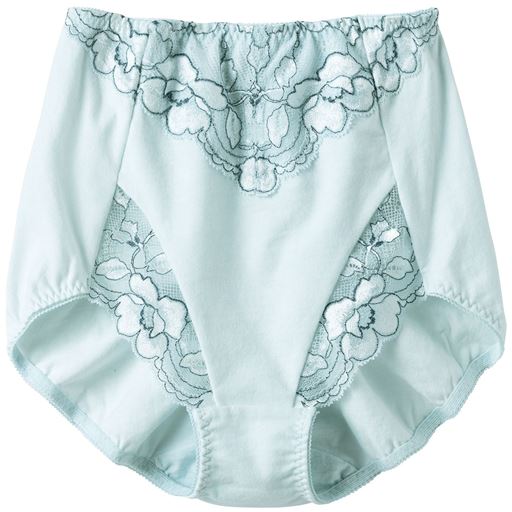 ミスティブルー (1)縫い目が腰骨にあたりにくい快適な仕様。 (2)前足口はくい込みにくいストレッチレース。