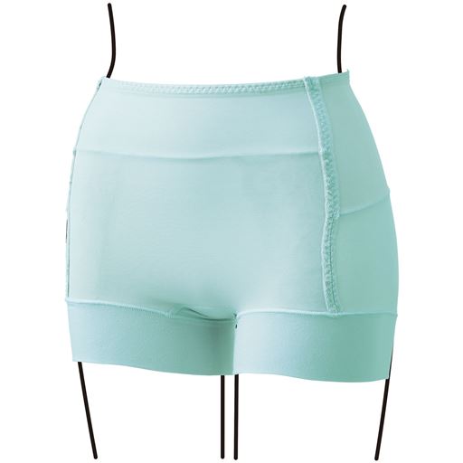 肌側フロント (1)ウエストにやさしく安定ゴムを内蔵した身生地折り返し仕様。(2)お腹・腰まわりすっきり パワーネットを裏当て。