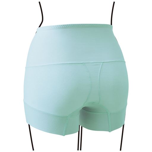 肌側バック (1)お腹・腰まわりすっきり パワーネットを裏当て。(2)丸いお尻をつくるヒップは立体裁断。(3)お尻の下まですっぽり包む 生地折り返しでやさしくフィットし、ずり上がりも防ぐ。