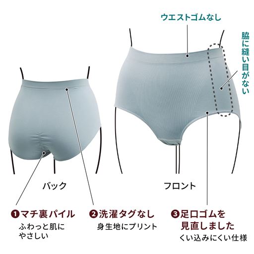 「脇に縫い目なし・ウエストゴムなし」素肌に溶け込む着心地。<br>足口ゴムはくい込みにくく肌当たりソフトに、素材設計を見直しました。