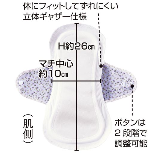 体にフィットしてずれにくい立体ギャザー仕様<br>ボタンは2段階で調整可能