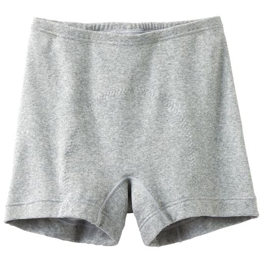 B(グレー杢) 1分丈タイプ (1)お腹まわり快適締め付けにくい やわらかなゴムを内蔵。(2)洗濯表示は身生地にプリント。(3)1分丈もロング丈も羽根付きナプキン対応