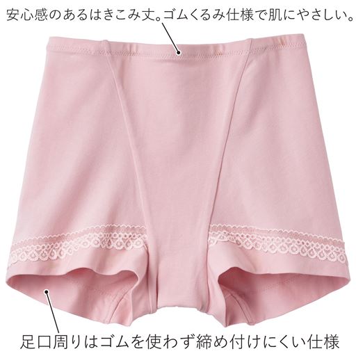(1)安心感のあるはきこみ丈。ゴムくるみ仕様で肌にやさしい。(2)足口周りはゴムを使わず締め付けにくい仕様