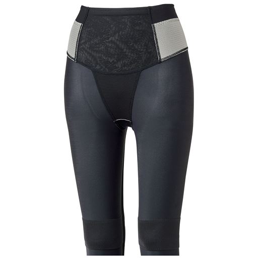 前〈肌側〉 (1)肌側ウエストまわりは滑りにくい生地で、引き上げたままキープ。(2)骨盤まわりを立たせるよう意識させる仕様。(3)強さを変えた2重構造のパワーネットがひざの負担を軽減します。