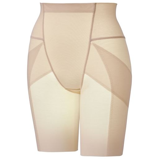 (1)大転子部分は身生地+2重のパワーネットで広がりをおさえる。(2)ハリが気になる太ももはパワーネットでサポート。(3)綿混のヘム仕様で肌あたりがなめらか。(4)ウエスト近くまで身生地2重仕様でお腹をシェイプ。(5)折り返し仕様でくい込みにくい。