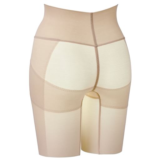 (1)大転子部分は身生地+2重のパワーネットで広がりをおさえる。(2)立体ギャザー&パワーネットでヒップアップ。(3)ハリが気になる太ももはパワーネットでサポート。