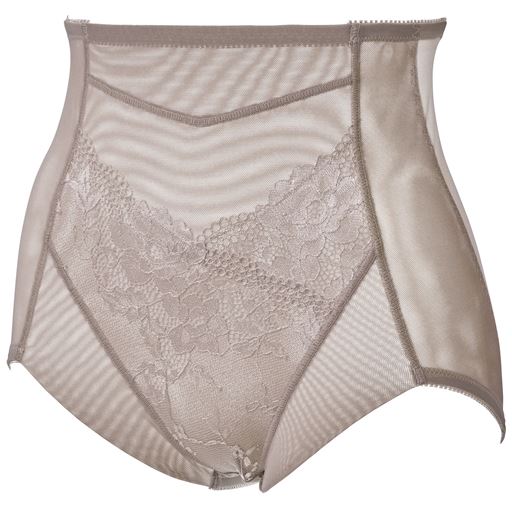 (1)フロントウエストゴムは身生地くるみ仕様でくい込みにくい。(2)パワーネット2重でお腹をシェイプ。(3)前足口はゴム不使用でくい込み軽減。