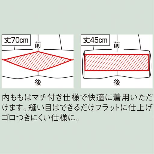 各丈とも内ももはマチ付き仕様で快適に着用いただけます。縫い目はできるだけフラットに仕上げ、ごろつきにくい仕様に。