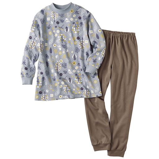 ブルイッシュグレー(木と鳥柄 パンツ:モカ) 上下セット