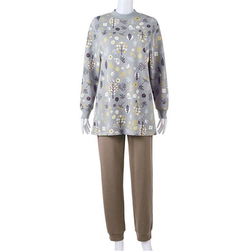 ブルイッシュグレー(木と鳥柄 パンツ:モカ) フロントスタイル 上下セット