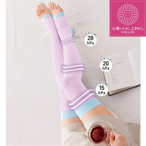 【シリーズ累計販売足数63万足突破!(2025年8月末現在)】はいて寝るだけ!翌朝、脚スッキリの目覚め♪おやすみ着圧ソックス「アシスキットR」太ももまでのニーハイタイプ。段階着圧設計でしっかり引き締め。ブルーラベンダーC(スーパーハードタイプ)着用例