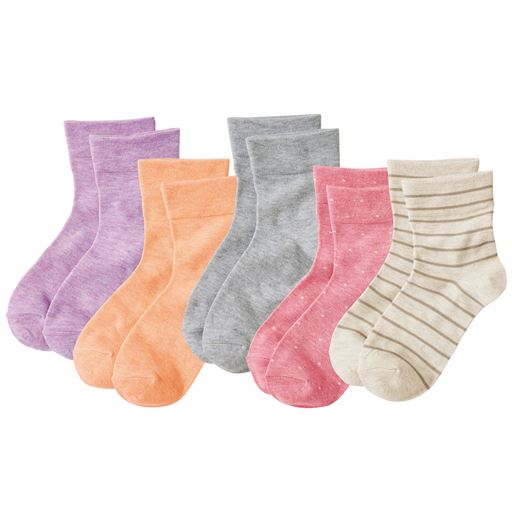 A(パステル系) 色・柄違い5足組 (パープル・オレンジ・杢グレー・ドット・ボーダー)