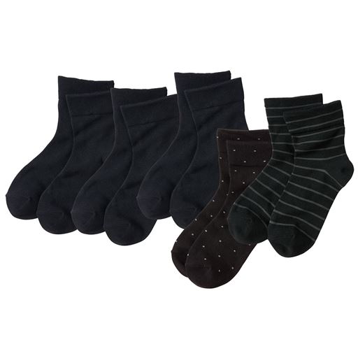 ブラック系 柄違い5足組 (ブラック無地3足・ドット・ボーダー)