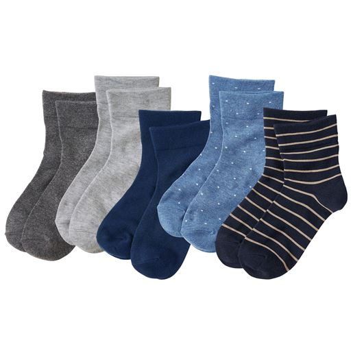 ブルー系 色・柄違い5足組 (チャコール・杢グレー・ネイビー・ドット・ボーダー)
