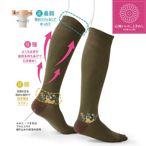脱ぎ履きしやすく、イヤな締め付け感を感じにくい設計の「らく圧」ソックス。筋肉にアプローチした「筋ポンプ機能」構造。※サポート形状 特許取得(第6904256号)