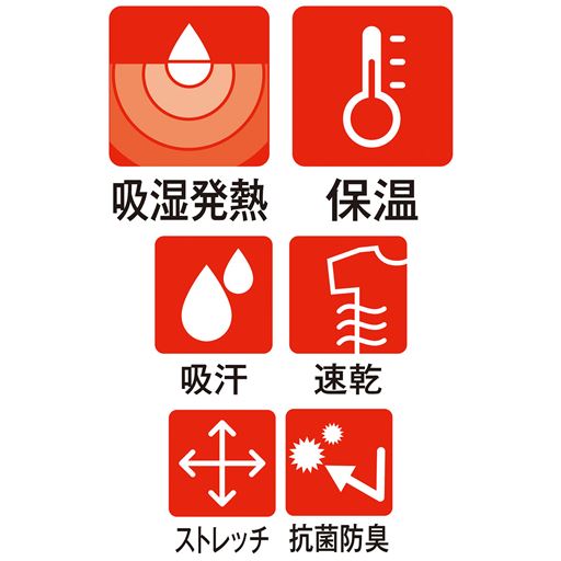 スマートヒート&reg; <br>「吸湿発熱」「保温」…着用すると特殊レーヨンが体から発散される水分を吸着して発熱、心地よい保温性を実現。「吸汗」「速乾」… 特殊ポリエステル繊維により優れた吸汗性・速乾性を発揮。「ストレッチ」…ストレッチ性があり、体にフィットするから保温性もアップ。 「抗菌防臭」…ニオイの原因・雑菌の繁殖を軽減。