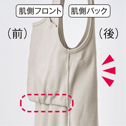 フロントのみのアンダーゴムで、ラクな着心地。ゴムを身生地でくるみ、肌に直接当たらないやさしい着け心地に。