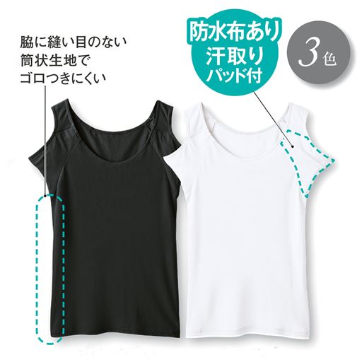 防水布あり、汗取りパッド付。<br>脇に縫い目のない筒状生地でゴロつきにくい