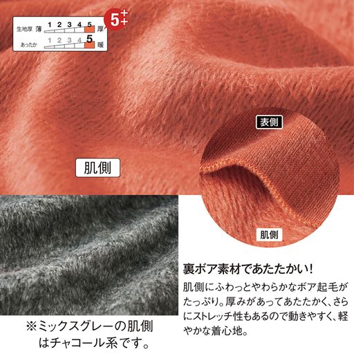 肌側にふわっとやわらかなボア起毛がたっぷり!毛布を着ているようなあたたかい着心地です。<br>※ミックスグレーの肌側はチャコール系です。