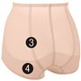 (3)お尻の丸みをつぶさない立体パターン。(4)裏当てを付け、ヒップを下からぐぐっとアップ。
