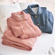 肌側綿100%厚手ニットキルトシャツパジャマ