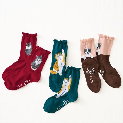 履き口ゆったり猫柄ソックス