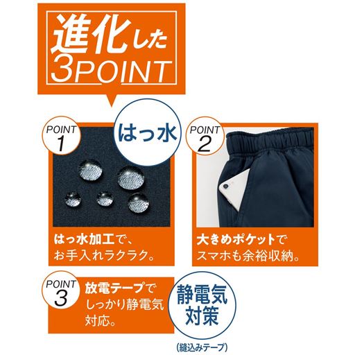 進化した3POINT はっ水 POINT1はっ水加工で、お手入れラクラク。POINT2大きめポケットでスマホも余裕収納。POINT3放電テープでしっかり静電気対応。静電気対策(縫込みテープ)