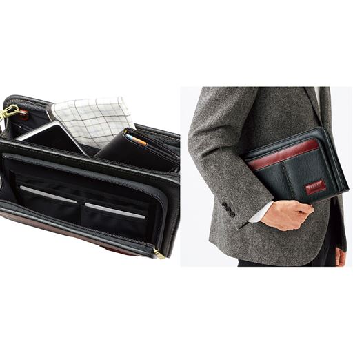 セカンドバッグ 小脇に持ちやすいサイズと上品なデザイン、中身が見やすく収納しやすいワイドな開口。